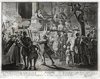 Jødedom: måden at føre lovens ægtefæller hjem på - en repræsentation af den procession, hvorved samfundet ved Simhat Torah-festen ærede dem, der var blevet udvalgt, en til at velsigne læsningen af den sidste passage af Toraen og den anden t af Bernard Picart