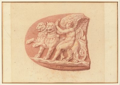 En af fire undersøgelser efter cameos, tre med klassiske profilportrætter og en med et fragmentarisk relief af Amor og to løver, der tegner en vogn (rødt kridt på papir) af Bernard Picart