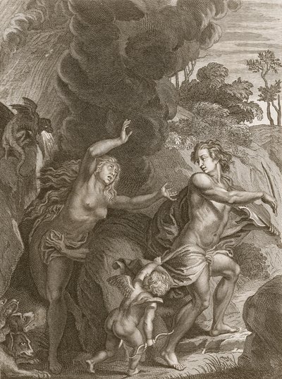 Orpheus, der fører Eurydice ud af helvede, ser tilbage på hende og mister hende for altid, 1731 af Bernard Picart
