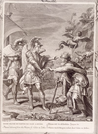 Phineus er befriet fra harpierne af Calais og Zethes, 1731 af Bernard Picart