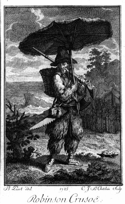 Repræsentation af Robinson Crusoe på hans øørken. Gravering af Bernard Picart (1673-1733), der illustrerer romanen af Daniel Defoe eller De Foe (1660-1731) af Bernard Picart