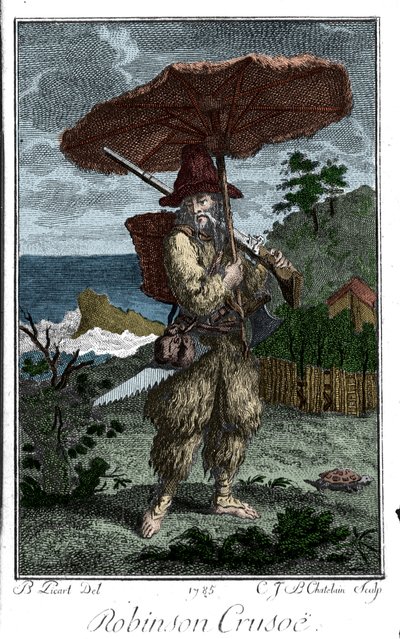 Repræsentation af Robinson Crusoe på hans øørken. Gravering af Bernard Picart (1673-1733), der illustrerer romanen af Daniel Defoe eller De Foe (1660-1731) af Bernard Picart