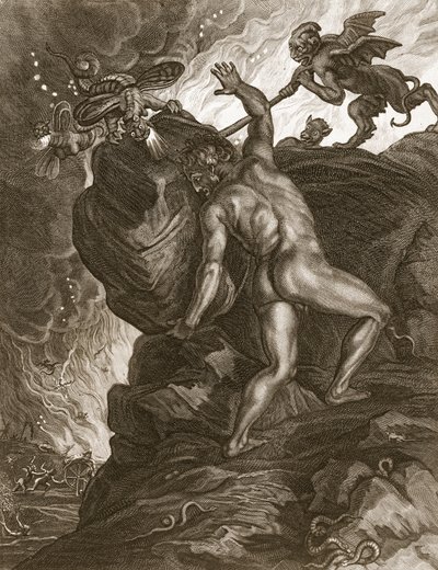 Sisyfos skubber sin sten op ad et bjerg, 1731 af Bernard Picart