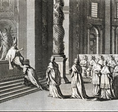 Højtidelig indvielse af pavestolen "" Tilbedelse af paven på St. Peters store alter, Vatikanet"" (pavelig indvielse: Tilbedelse af paven over det store alter i St. Peter) Indgravering fra "" Illustration af religiøse ceremonier og skikke fra -en af Bernard Picart