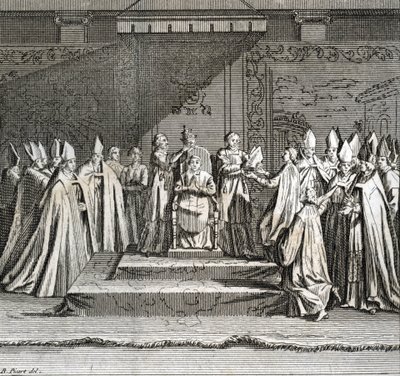 Højtidelig indvielse af pontificatet "" Representation du coronation du pope"" (pavelig indvielse: kroningen af paven) Indgravering fra "" Illustration af ceremonier og religiøse skikke for alle verdens folk"" af Bernard Picart (1723-1743) af Bernard Picart