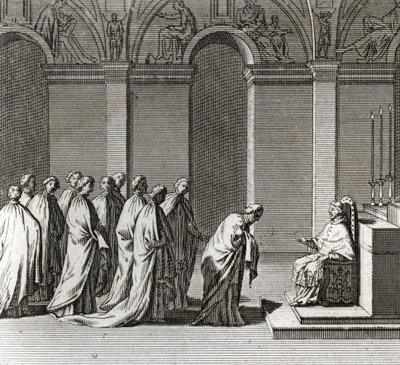 Højtidelig indvielse af paven: "" Tilbedelsen af paven i det sixtinske kapel"" (pavelig indvielse: tilbedelse af paven i det sixtinske kapel) Indgravering fra "" Illustration af ceremonier og religiøse skikke for alle verdens folk"" af Bernard Picart