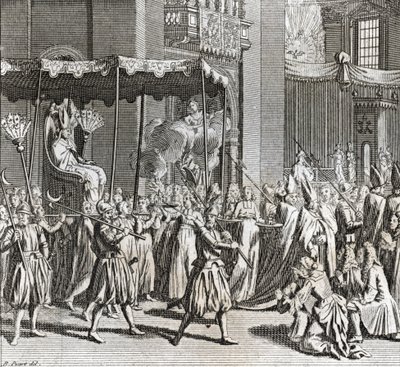 Højtidelig indvielse af pontifikatet: afbrænding af et klæde) Indgravering fra "Illustration de ceremonies et customs religieuses de tous les peuples du monde" af Bernard Picart (1723-1743) 1819 Privat samling af Bernard Picart