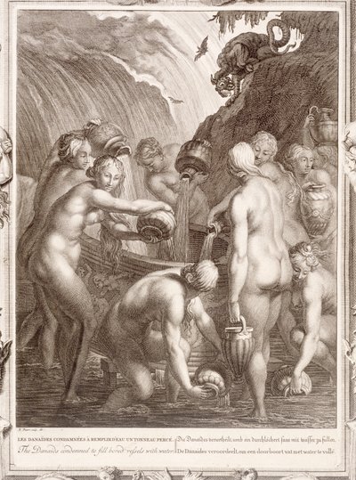 Danaiderne dømt til at fylde kedede fartøjer med vand, 1730 af Bernard Picart