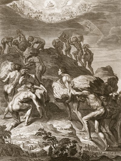 Kæmperne forsøger at skalere himlen ved at pille bjerge op på en anden, 1731 af Bernard Picart