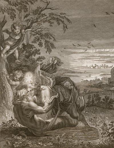Tithonus, Auroras mand, forvandlet til en græshoppe, 1731 af Bernard Picart