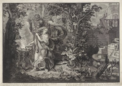 Hævngudinder opfordrer Althaea til at brænde Meleagers log History of Meleager (serietitel) af Bernard Picart