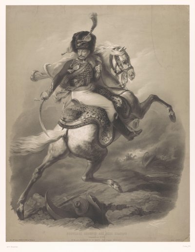 Overfaldsbetjent til hest Le chasseur de la garde (titel på objekt) Nye litografier med to typer kridt (serietitel) Nouveaux grupper aux deux farveblyanter (serietitel på objekt) af Bernard Romain Julien