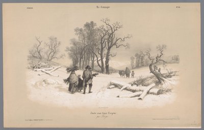Familie samler træ i sneen Skildringer af livet på landet (serietitel) La kampagnen. Etudes varieés aux deux Crayons (serietitel på objekt) af Bernard Romain Julien