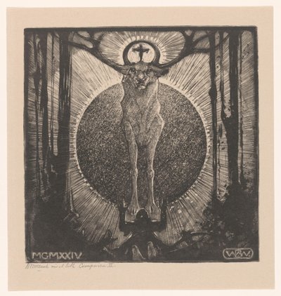 Knælende figur foran udseendet af en hjort The Vision of St. Hubertus (Composition II) (original titel) af Bernard Willem Wierink (signed by artist)