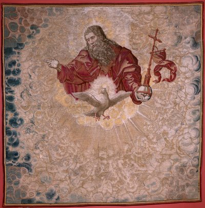 flamsk gobelin. Serien Dais of Charles V (Baldachin of Margaret of Austria). Gud Faderen og Helligånden (El Padre Eterno y el Espíritu Santo). Tapestry baldachin af podiet. Model Bernard van Orley (1491-1542). Fremstilling Pieter de Pannemaker, af Bernard van Orley