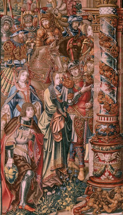 flamsk gobelin. Serien The Honours. Tro (La Fe). Første gobelin i serien. Modeltegnere fra Bernard van Orleys og Jan Gossaerts kreds (Mabuse). Fremstilling Pieter van Aelst, Bruxelles. Ca 1550. Stof Guld, sølv, silke og uld. af Bernard van Orley