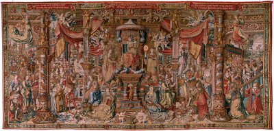 flamsk gobelin. Serien The Honours. Tro (La Fe). Første gobelin i serien. Modeltegnere fra Bernard van Orleys og Jan Gossaerts kreds (Mabuse). Fremstilling Pieter van Aelst, Bruxelles. Ca 1550. Stof Guld, sølv, silke og uld. af Bernard van Orley