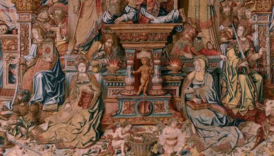 flamsk gobelin. Serien The Honours. Tro (La Fe). Første gobelin i serien. Modeltegnere fra Bernard van Orleys og Jan Gossaerts kreds (Mabuse). Fremstilling Pieter van Aelst, Bruxelles. Ca 1550. Stof Guld, sølv, silke og uld. af Bernard van Orley