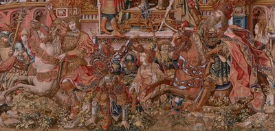 flamsk gobelin. Serien The Honours. Berømmelse (La Fama). Tredje gobelin i serien. Modeltegnere fra Bernard van Orleys og Jan Gossaerts kreds (Mabuse). Fremstilling Pieter van Aelst, Bruxelles. Ca 1550. Stof Guld, sølv, silke og uld. af Bernard van Orley