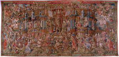 flamsk gobelin. Serien The Honours. Berømmelse (La Fama). Tredje gobelin i serien. Modeltegnere fra Bernard van Orleys og Jan Gossaerts kreds (Mabuse). Fremstilling Pieter van Aelst, Bruxelles. Ca 1550. Stof Guld, sølv, silke og uld. af Bernard van Orley