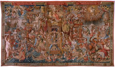 flamsk gobelin. Serien The Honours. Fortune, vejen til hæder (La Fortuna, Camino de los Honores). Femte gobelin i serien. Modeltegnere fra Bernard van Orleys og Jan Gossaert de Mabuses kreds. Fremstilling Pieter van Aelst, Brusse af Bernard van Orley