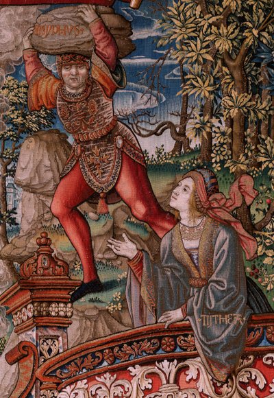 flamsk gobelin. Serien The Honours. Retfærdighed (La Justicia, Los Honores). Niende gobelin i serien. Modeltegnere fra Bernard van Orleys og Jan Gossaerts kreds (Mabuse). Fremstilling Pieter van Aelst, Bruxelles. Ca 1550. Stof Guld, sølv, af Bernard van Orley