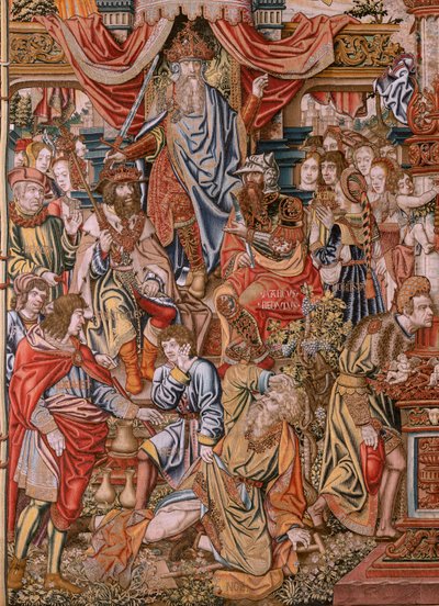 flamsk gobelin. Serie The Honours; Adel (La Nobleza). Fjerde gobelin i serien. Modeltegnere fra Bernard van Orleys og Jan Gossaerts kreds (Mabuse). Fremstilling Pieter van Aelst, Bruxelles. Ca 1550. Stof Guld, sølv, silke og woo af Bernard van Orley