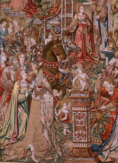 flamsk gobelin. Serie The Honours; Prudence (La Prudencia). Syvende gobelin i serien. Modeltegnere fra Bernard van Orleys og Jan Gossaerts kreds (Mabuse). Fremstilling Pieter van Aelst, Bruxelles. Ca 1550. Stof Guld, sølv, silke og w af Bernard van Orley