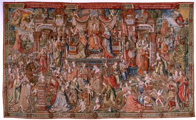 flamsk gobelin. Serie The Honours; Prudence (La Prudencia). Syvende gobelin i serien. Modeltegnere fra Bernard van Orleys og Jan Gossaerts kreds (Mabuse). Fremstilling Pieter van Aelst, Bruxelles. Ca 1550. Stof Guld, sølv, silke og w af Bernard van Orley