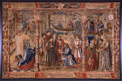 flamsk gobelin. Serie The Legend of the Madonna of the Sablon (The Legend of Our Lady of the Sablon). Statuen af ​​Madonna kommer til Sablon-kirken (Statuen af ​​Vor Frue tages til Sablon-kirken, La Estatua de af Bernard van Orley