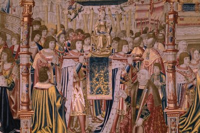 flamsk gobelin. Serie The Legend of the Madonna of the Sablon (The Legend of Our Lady of the Sablon). Ankomsten af ​​statuen af ​​Madonnaen. Fremstilling af Bruxelles. Tegneren Barend van Orley af Bernard van Orley