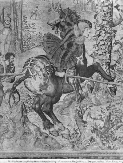 The Hunts of Maximilian, Stenbukken, The Boar Hunt, detalje af Maximilian I 1459-1519 Gobelins Factory se også 138999 billedtæppe bw foto af Bernard van Orley