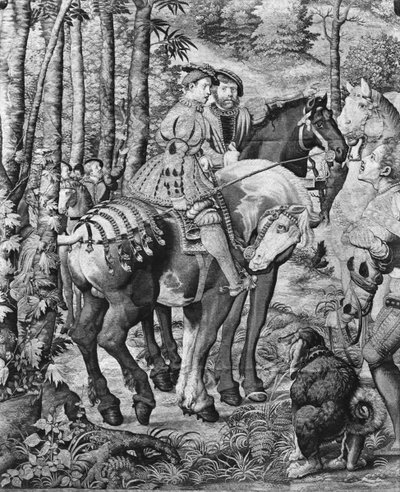 The Hunts of Maximilian, Leo, The Stag Hunt, the Report, Gobelins Factory (tæppe) af Bernard van Orley