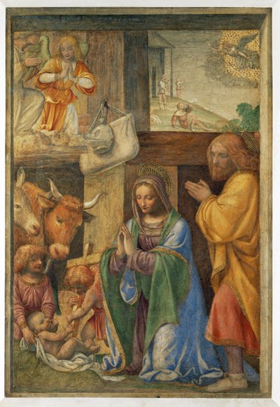 Jesu fødsel og meddelelsen til hyrderne. - Fødsel og ... af Bernardino (attr. to) Luini