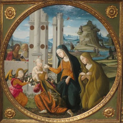 Bernardino Fungai - Madonna og barn med helgener og engle af Bernardino Fungai
