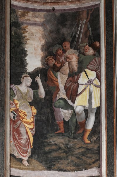 Detalje af Saint Catherines martyrium (fresko) af Bernardino Lanino