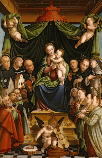 Madonna og barn troner med hellige og donorer af Bernardino Lanino
