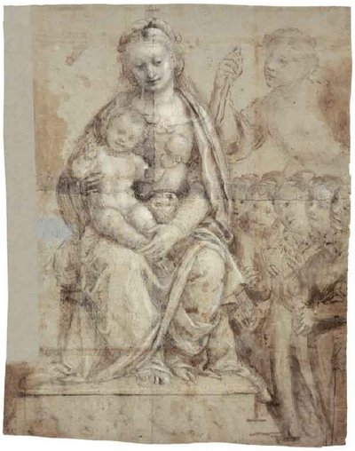 Madonna med barn, en krigerisk helgen (Michael) og en gruppe tilbedere af Bernardino Lanino
