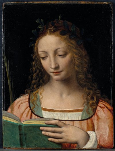 Buste længde figur af helgen, med en håndflade og læser skrifterne af Bernardino Luini