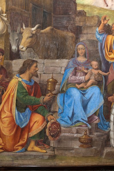 Detalje af tilbedelsen af de tre vise mænd, præsbyteriet eller hovedkapellet (fresko) af Bernardino Luini