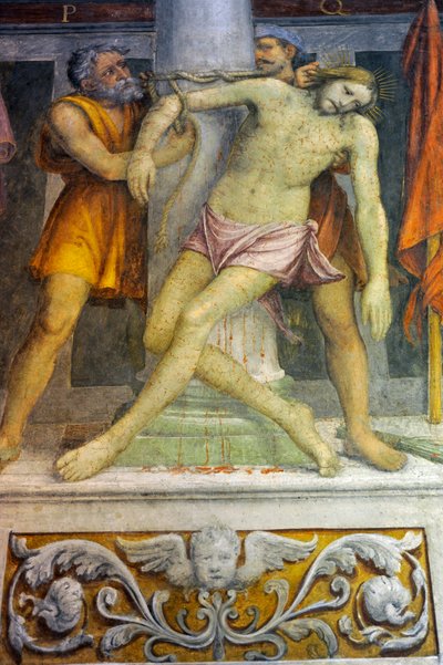Jesus bundet til søjle, fresko af Bernardino Luini i kirken Saint Maurice ved Maggiore-klosteret, Milano, Lombardiet, Italien af Bernardino Luini