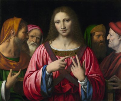 ""Kristus og lovens læger"" Maleri af Bernardino Luini (1481-1532), ca. 1515-1530 Dim 72,4x85,7 cm London, National Gallery - Luini, Bernardino (ca. 1480-1532) Kristus blandt lægerne Olie på træ c. 1520 National Gallery, London 72,4x85,7 af Bernardino Luini