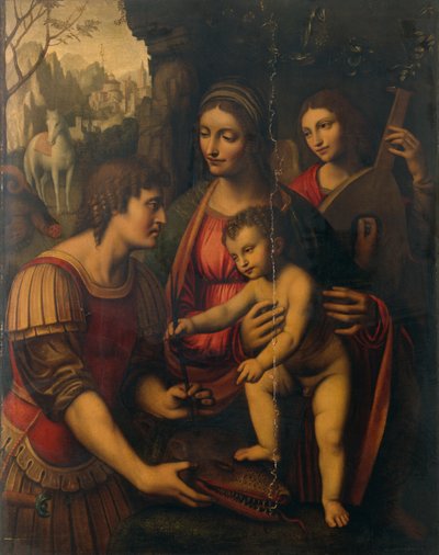 Madonna og barn med Sankt Georg og en engel (olie på panel) af Bernardino Luini