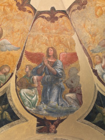 Bedende engel mellem to knælende musikere og keruber af Bernardino Luini