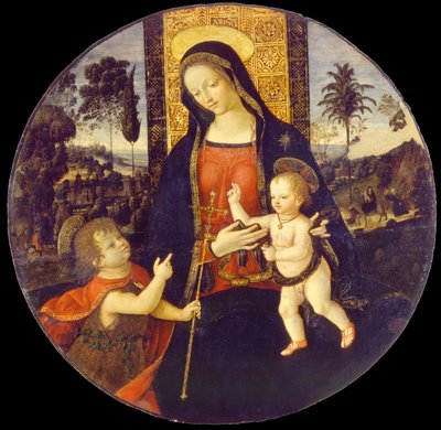 Jomfru og barn med Johannes Døberen som dreng, 1490-1500 af Bernardino Pinturicchio