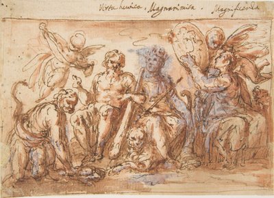 Allegoriske figurer: Kraft, Hercules kvæler Hydraen, Plenty, and Fame, 1600-1650. af Bernardino Rodriguez