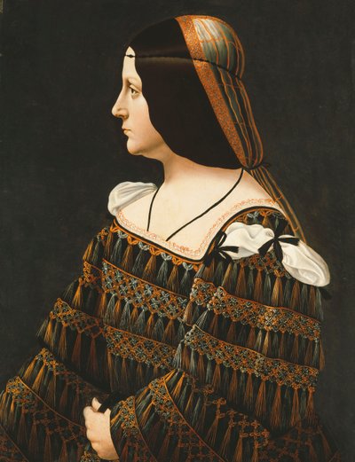 Portræt af en dame, halvlængde, i profil, i en sort kjole dekoreret med blonder, med vedhængskvaster og afskåret skuldre og en orange og grå snoet, af Bernardino de Conti