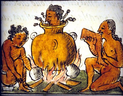 Rituel kannibalisme blandt aztekerne. Manuskript af Bernardino de Sahagun. 17. århundrede. Detalje af COS00778. af Bernardino de Sahagun