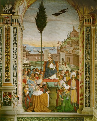 Aeneas Silvius Piccolomini, pave Pius II i havnen i Ancona, Italien, hvor han døde, mens han ventede på, at korsfarerne skulle samles (freskomaleri). af Bernardino di Betto Pinturicchio