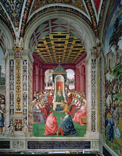 Aeneas Sylvius Piccolomini (1405-64) underkaster sig pave Eugene IV (1383-1447) 7. februar af Bernardino di Betto Pinturicchio